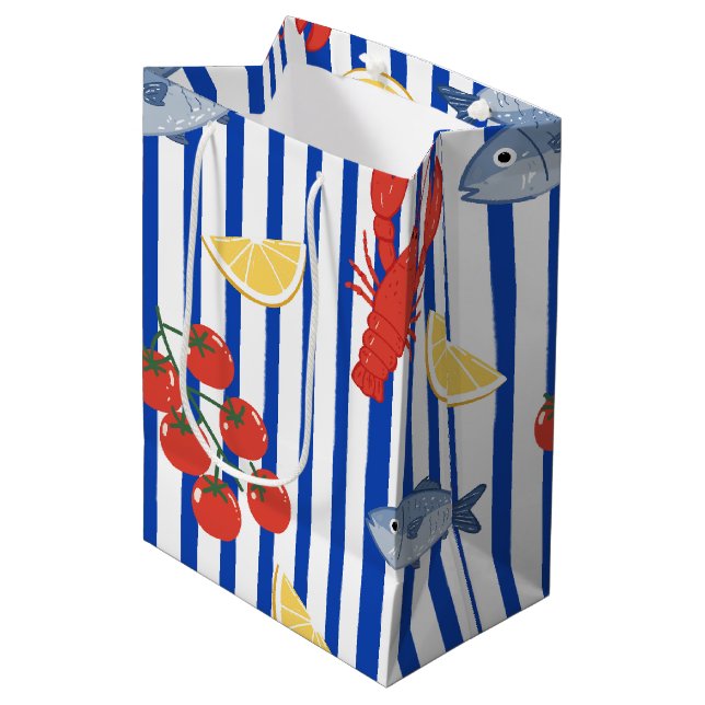 Mittelmeer-Meeresfrüchte-Markt-Muster (2) Mittlere Geschenktüte (Vorderseite Schrägansicht)