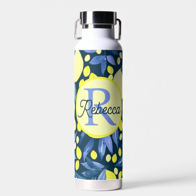 Mittelmeer-Monogramm-Name Chic Lemons Blaues Blatt Trinkflasche (Vorne)