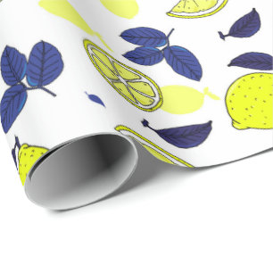 Mittelmeer Navy Blue Yellow Lemons Muster Geschenkpapier