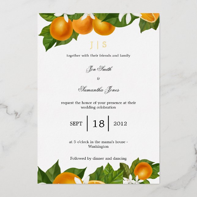 Mittelmeer-Orangengold Folieneinladung (Vorderseite)