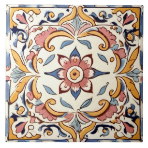 Mittelmeer-Rosa-Gelb-Blau-Blume-Blumenmuster Fliese