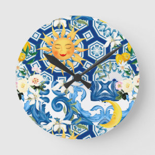 Mittelmeer-Sonne, Blumen, Zitrone, Halbmond, Runde Wanduhr
