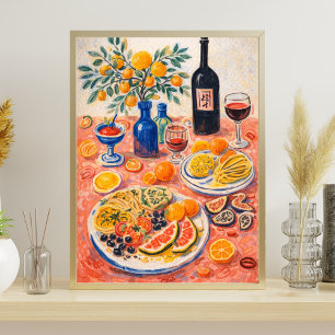 Mittelmeer-Tisch-Stillleben – Wein, Zitrusfrüchte Poster