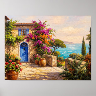 Mittelmeer-Villa mit blauem Tür-Gemälde Poster