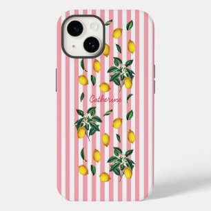 Mittelmeer Vintage Zitronen Rosa Streifen Name iPhone 14 Hülle