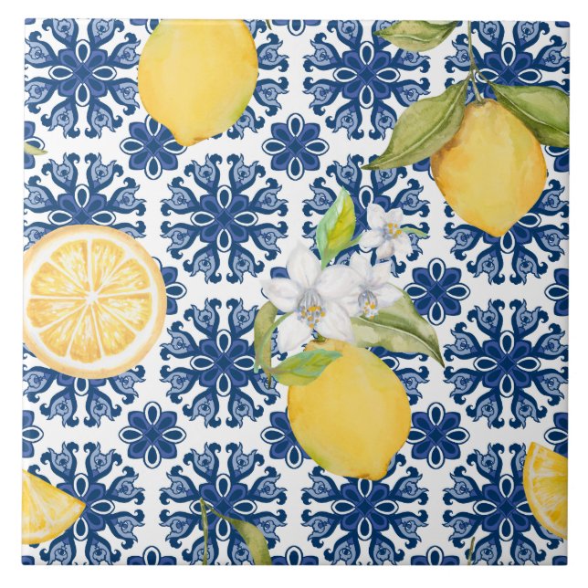 Mittelmeer-Zitronen-Azulejo-Muster  Fliese (Vorderseite)