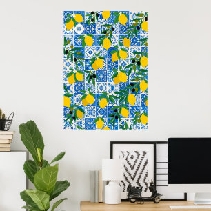 Mittelmeer-Zitronen-blaue Fliesenmuster-Kunstposte Poster