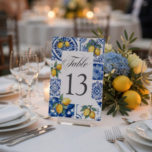Mittelmeer Zitronen Hochzeit Blaue Fliese Tischnummer