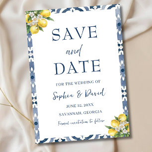 Mittelmeer-Zitronenblaue Fliesen-Hochzeit-Speicher Save The Date