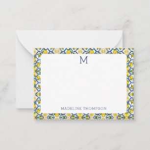 Mittelmeer-Zitrus-Limonen-Monogramm Blau Mitteilungskarte