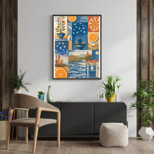 Mittelmeer-Zitrus- und Ozean-Collage-Kunstprint Poster