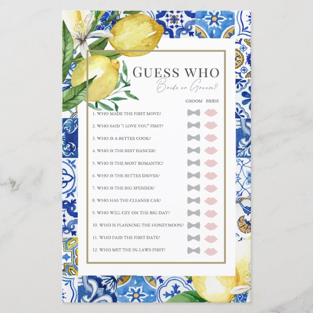 Mittelmeer-Zitrusfrüchte Brautparty Ratet, wer (Vorderseite)
