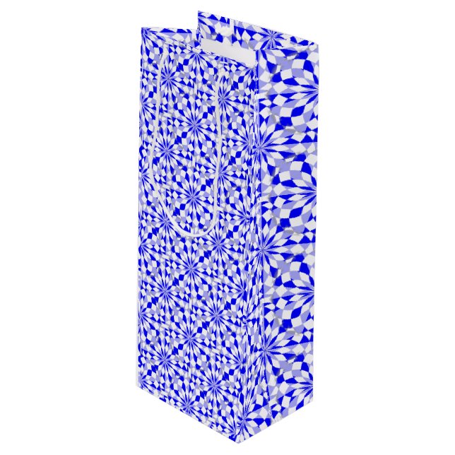 Mittelmeer Zwei-Tone-Blaues geometrisches Muster Geschenktüte Für Weinflaschen (Vorderseite Schrägansicht)