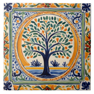 Mittelmeerbaum Rustikal Blau und Gelb Volkskunst Fliese