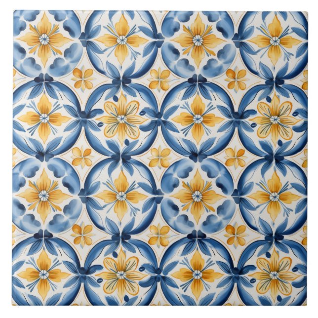 Mittelmeerblau und gelbe Blumenelemente Fliese (Vorderseite)