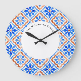 Mittelmeerblaue Azulejo-Fliese Personalisierter Na Große Wanduhr