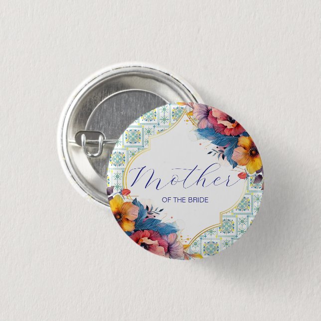 Mittelmeerblaue Blumen Brautmutter   Button (Vorne & Hinten)
