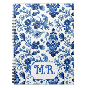 Mittelmeerblaue Blumenfliesen-Monogramm Notizblock