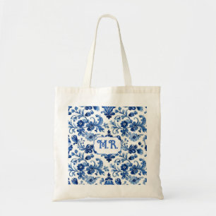 Mittelmeerblaue Blumenfliesen-Monogramm Tragetasche