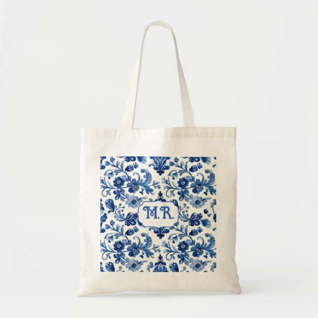 Mittelmeerblaue Blumenfliesen-Monogramm Tragetasche (Vorne)