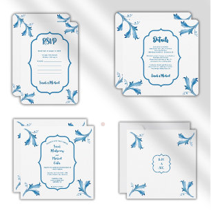 Mittelmeerblaue Blumenkachel-Monogramm Einladung