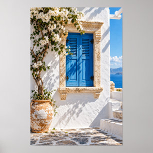 Mittelmeerblaue Fensterläden und weiße Bougainvill Poster