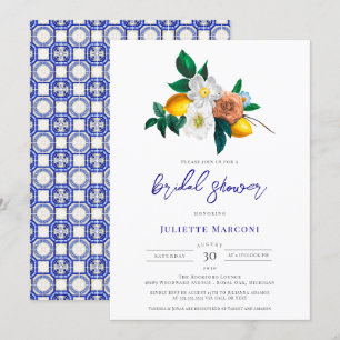 Mittelmeerblaue Fliesen-Blumen-Hochzeitsdusche für Einladung
