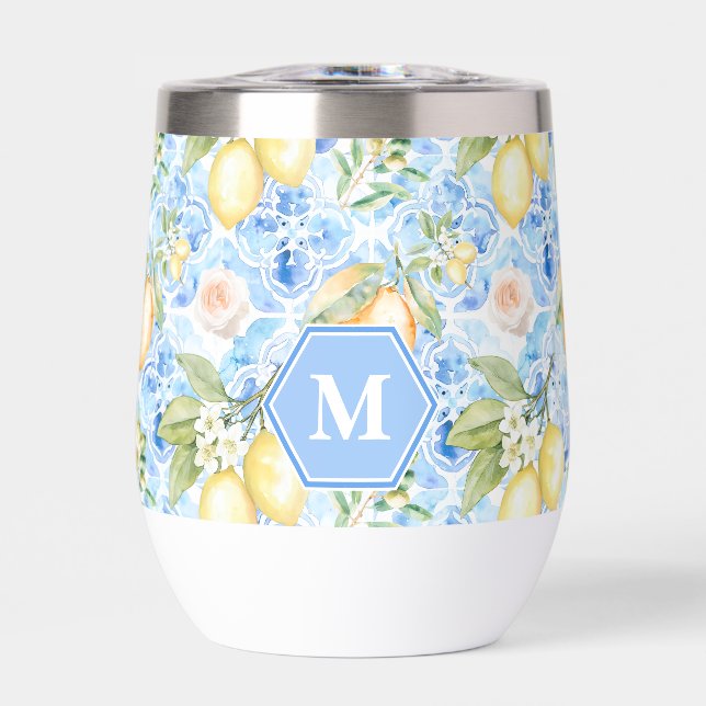 Mittelmeerblaue Fliesen-Limoncello-Monogramm-Name (Vorderseite)