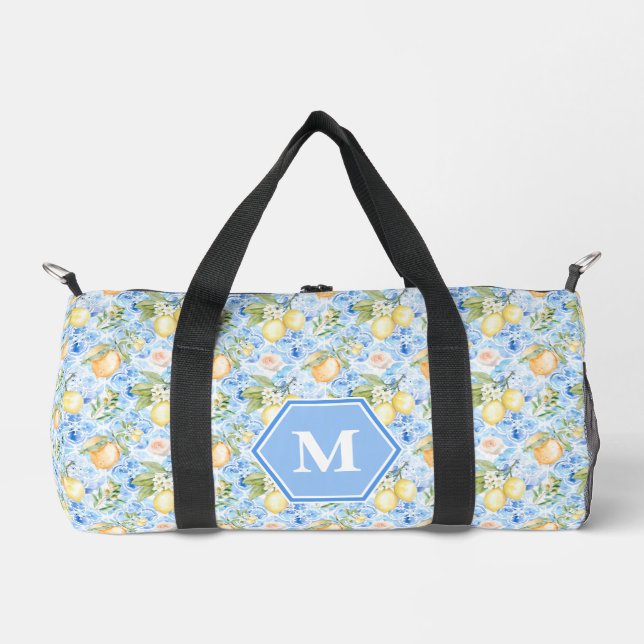 Mittelmeerblaue Fliesen-Limoncello-Monogramm-Name Duffle Bag (Vorderseite)