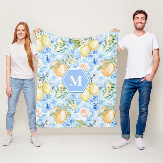 Mittelmeerblaue Fliesen-Limoncello-Monogramm-Name Fleecedecke (Beispiel)