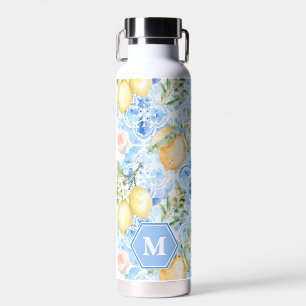 Mittelmeerblaue Fliesen Limoncello Monogramm Name Trinkflasche