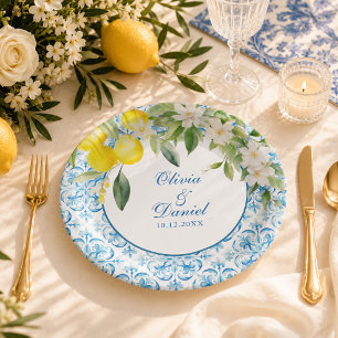 Mittelmeerblaue Fliesen und Zitronen Hochzeit Pappteller