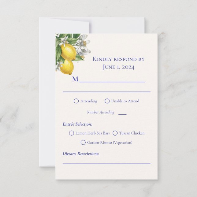 Mittelmeerblaue Fliesen & Zitronenzweig Hochzeit RSVP Karte (Vorderseite)