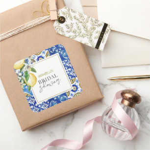 Mittelmeerblaue Fliesen-Zitrus-Limonen-Junggeselli Quadratischer Aufkleber