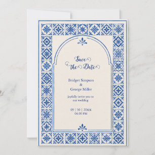 Mittelmeerblaue Fliesenbogen-Wasserfarben-Hochzeit Einladung