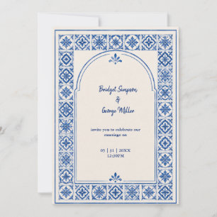 Mittelmeerblaue Fliesenbogen-Wasserfarben-Hochzeit Einladung