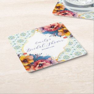 Mittelmeerblaue Florale Brautparty Rechteckiger Pappuntersetzer