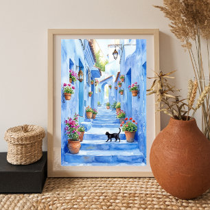 Mittelmeerblaue Gasse Wasserfarben Katzenkunst Poster