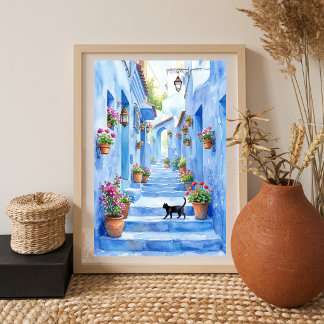 Mittelmeerblaue Gasse Wasserfarben Katzenkunst Poster