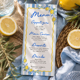 Mittelmeerblaue gestreifte Zitronen-Hochzeitsmenü Menükarte