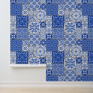 Mittelmeerblaue und weiße Azulejo-Majolika-Fliesen Tapete