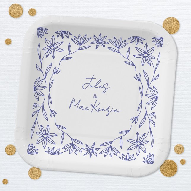 Mittelmeerblaue Wildblumenhochzeit Pappteller (Mediterranean blue and white wildflower line art wedding party paper plates)