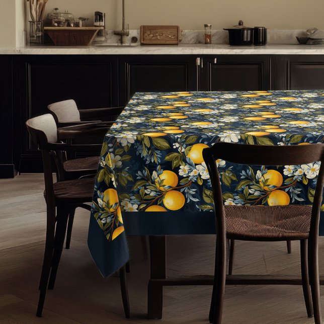 Mittelmeerblühende Orangenfrüchte in marineblauer  Tischdecke (Mediterranean vibrant oranges fruits navy blue tablecloth)