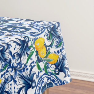 Mittelmeerfliesen, Majolika, blaue Fliesen, Zitron Tischdecke