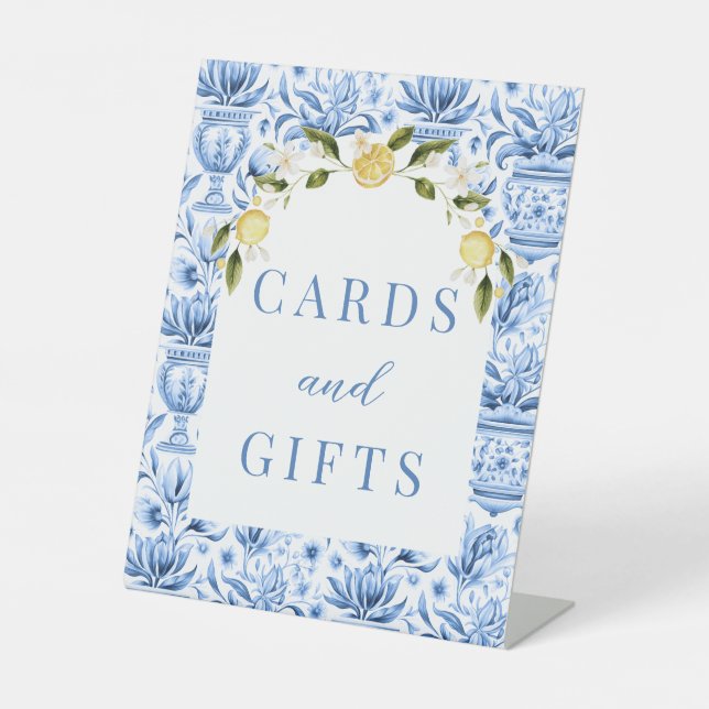 Mittelmeerfliesen Zitronen Hochzeitskarten und Ges Sockelschild (Vorderseite)