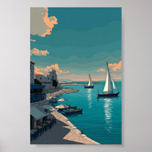 Mittelmeerhafenszene - Segelboote und Küste Poster