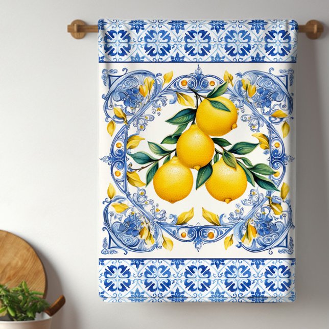 Mittelmeerklimmen Geschirrtuch (Mediterranean blue and white tiles with colorful lemon kitchen towels will brighten and kitchen.)