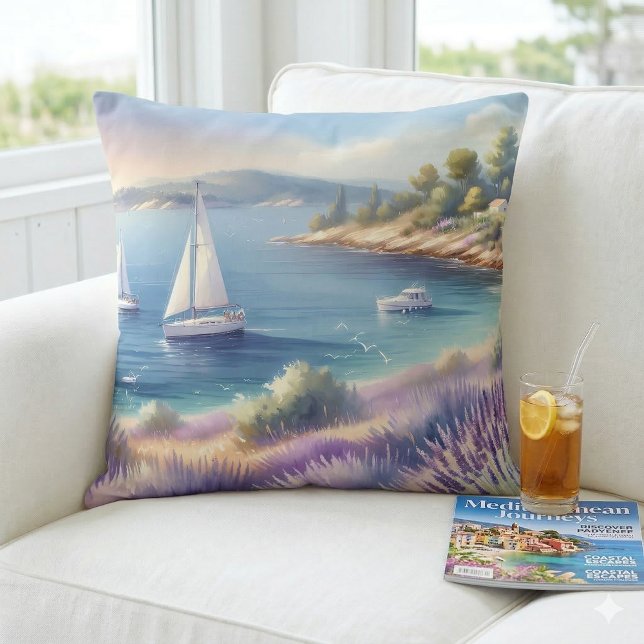 Mittelmeerküste mit Segelbooten Kissen (Mediterranean Lavender Coast with Sailboats Throw Pillow Mockup A)