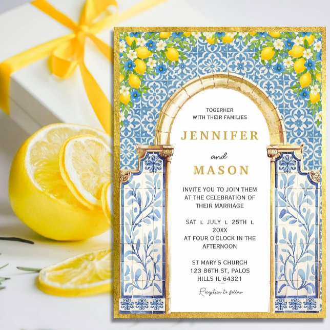 Mittelmeerlemon & Blauer Tile Einladung (Elegant Mediterranean Lemon Arch Wedding Invitation – Blue Tile & Watercolor Citrus Theme#zazzlemade)