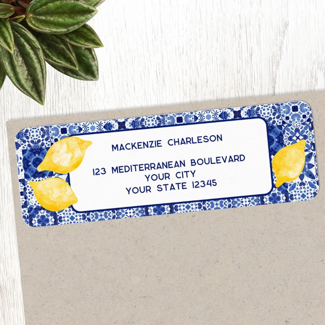 Mittelmeerlemon Keramik Kleine Rücksendeadresse (Modern Mediterranean lemon citrus watercolor blue and white tile personalize return address labels)